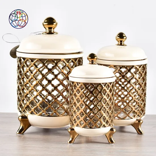 Luxury Gold Restaurant Candy Royal Dubai Glass Jar with Ceramic Lid