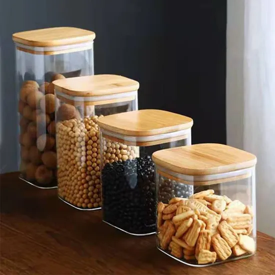 Square Canisters Glass Kitchen Canister with Airtight Bamboo Lid Glass Storage Jars for Kitchen