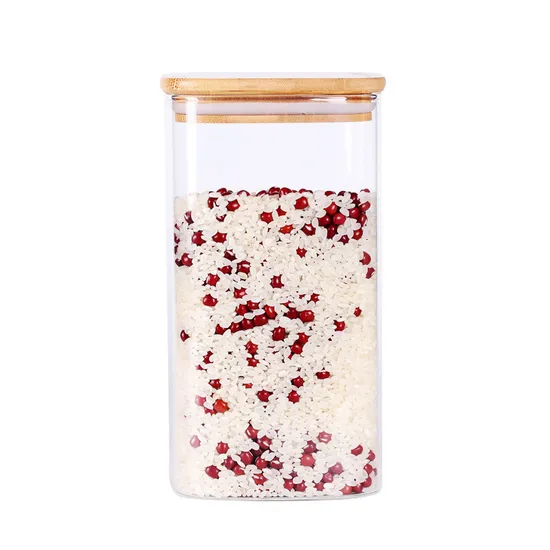 High Borosilicate Glass Storage Jar Square with Bamboo Lid Wooden Kid Storage Jars