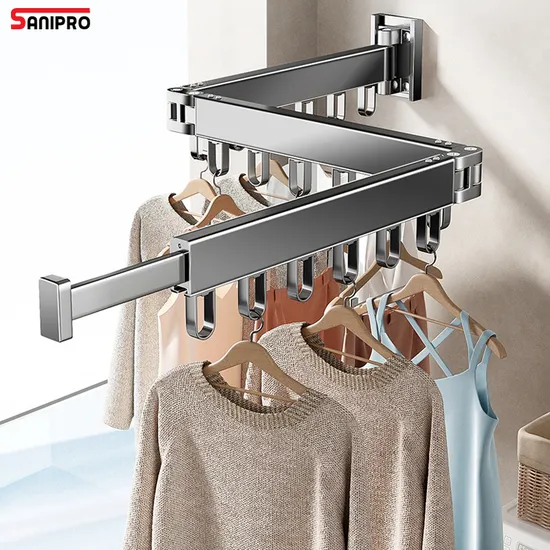Sanipro Apartment Dorms No Punch Wall-Mounted Sturdy 3-Fold Laundry Hanger Expandable Folding Space Saver Clothes Drying Racks