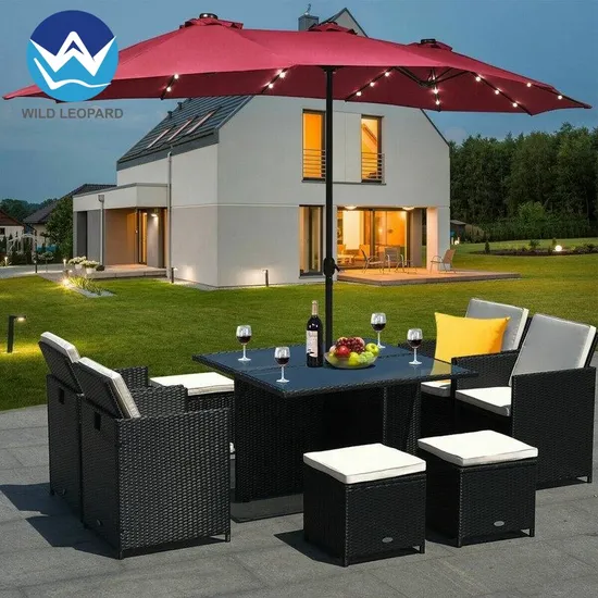 14X9FT Double Sided Sun Canopy Straight Pool Side Market Patio Outdoor Beach Solar LED Light Umbrella with Crank