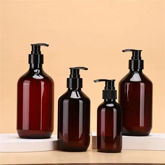 High Quality 300ml 500ml Boston Round Shoulder Amber Plastic Lotion Pump Bottle