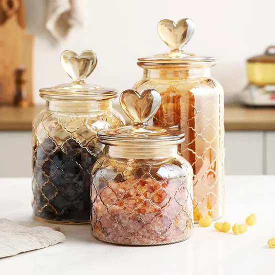 650ml 950ml 1350ml Electroplate Amber Color Glass Storage Jar with Heart Lid