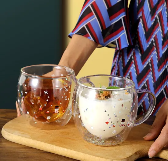 350ml Christmas Double-Deck Heatproof Glass Cup with Lid and Handle/Drinking Glass