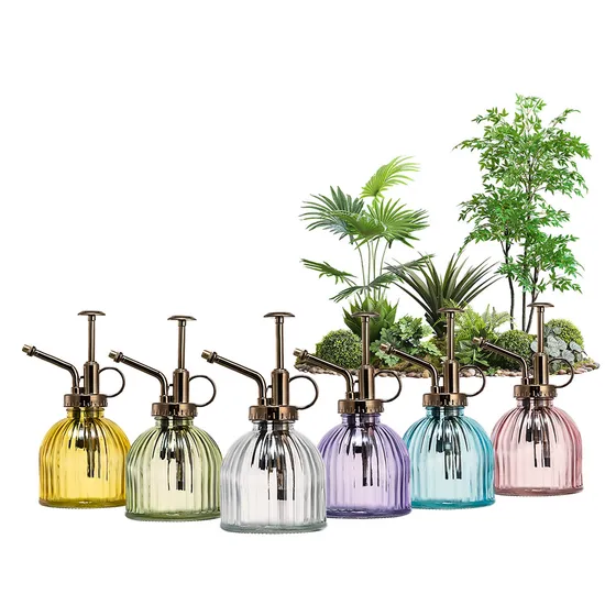 Wholesale 200ml Mini Manual Press Pump Colorful Vintage Embossed Glass Plant Mister Glass Spray Bottle for Indoor Plants