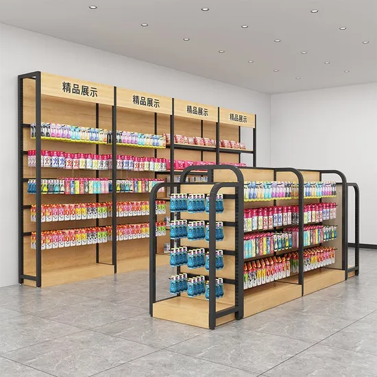 High Quality Steel and Wood Shelves Supermarket Retail Store Display Shelves