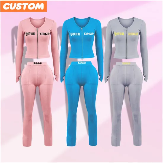Tall Women Clothing Set Zip up Thumb Sleeves Crop Top+Flare Leggings Track Suits Female 2 Piece Outfits Clothes Manufacturers