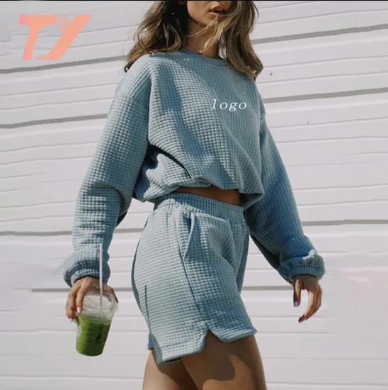Custom Ladies Tracksuit Two Piece Pants Waffle Sets Women Short Sweat Suits Outfits Jogger Lounge Wear Oversized Workout Sets