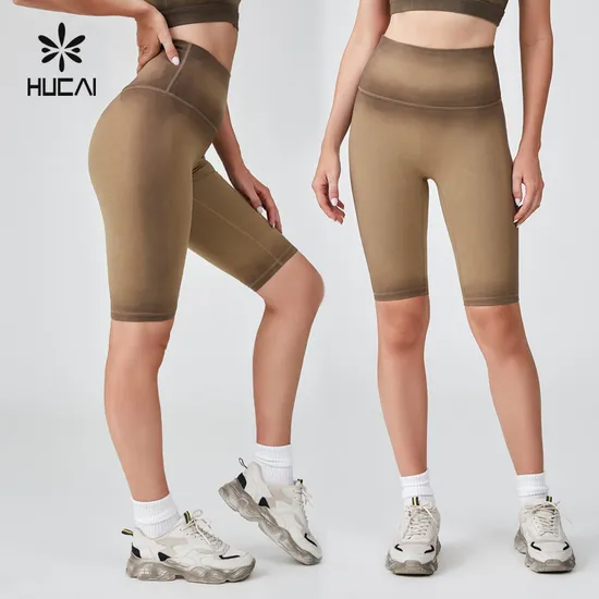 Hucai OEM Custom Cotton Spandex High Waist Heavyweight Spray Dyeing Vintage Washed Sports Yoga Gym Biker Shorts for Women
