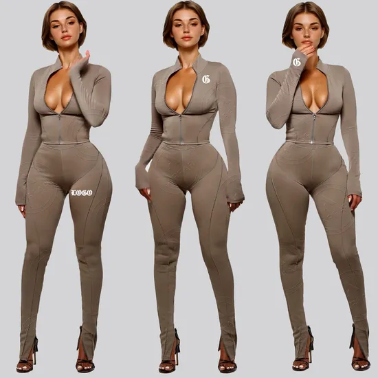 2025 Custom Logo Pure Color Women′s Zipper Outfits Jacket and Skinny Flared Pants Casual Jogging Suits Andtracksuit Set