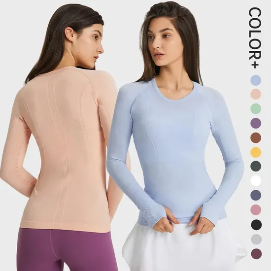 Equestrian Long Sleeve Seamless Fitness Wear Yoga Top Wear Women′s Running Athletic Gym Workout Shirt with Thumb Holes