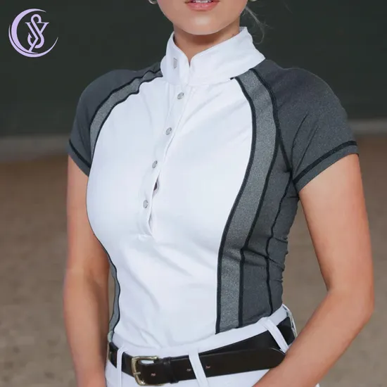 Customized Maya Base Layer High Quality Quick Dry Cool Feeling Stretchy Equestrian Women′s Short Sleeve Competition Top