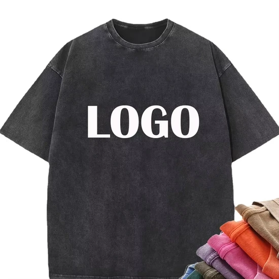 Heavyweight Cotton with Logo Stone Men Women Distressed T-Shirt DTG Print Oversize Black Custom Vintage Acid Wash T Shirt