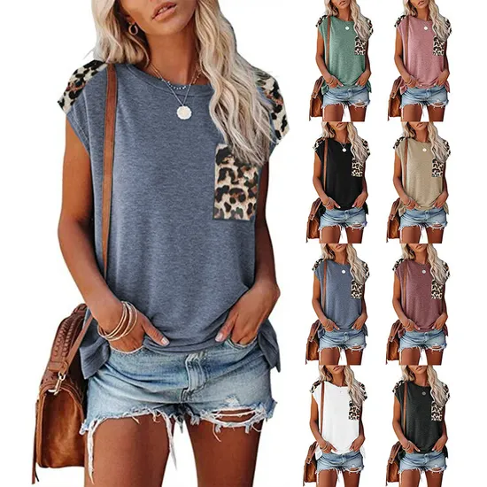 2024 Fashion Wholesale 100% Cotton Customized Logo Printing Women′ S Crew Neck Panelled Leopard Pocket Raglan Sleeve Casual Tee Shirt T-Shirt