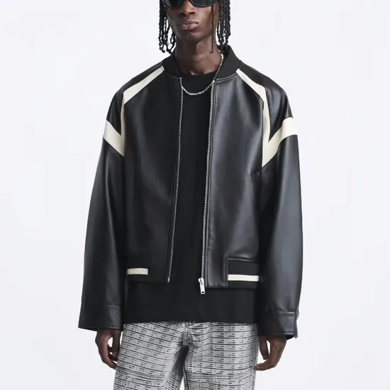 Brief Baseball Black Leather Jacket PU Leather Man Jacket