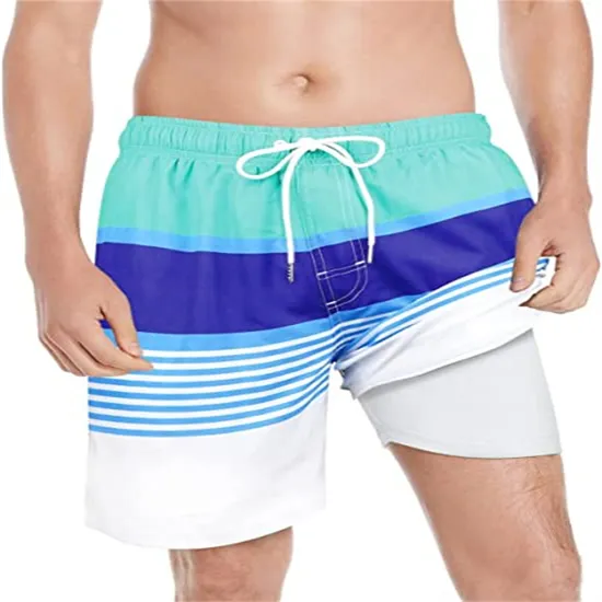 Mens Swim Trunks Compression Liner Quick Dry Swimwear Sripes Boxer Brief Lined