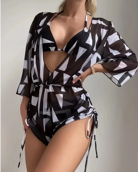 Three Piece Bikini Set Leaf Print Waist Tie up Long Sleeve Cover up Swimwear Women