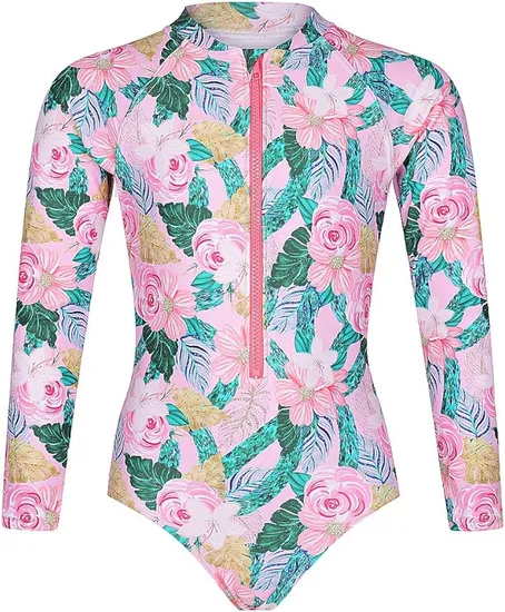 Girl′s Mesh Lined Swimwear with Long Sleeve and Zipper Front