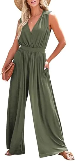 Women′ S Casual Loose Jumpsuit Jumpsuit Sleeveless Wide-Leg Pants with Pockets