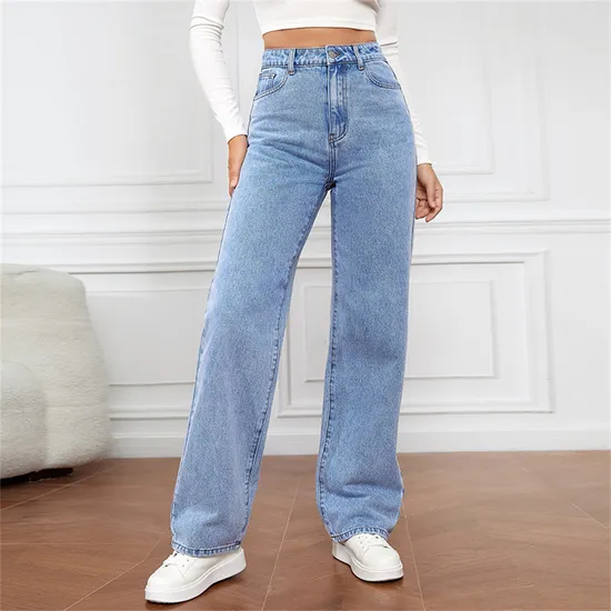 High-Waisted Washed Jeans for Women Long Stylish Straight-Leg Pants
