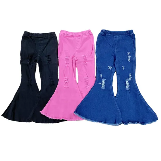 New Black Ripped Fashion Chic Skinny Denim Stretch Flared Girls Pants