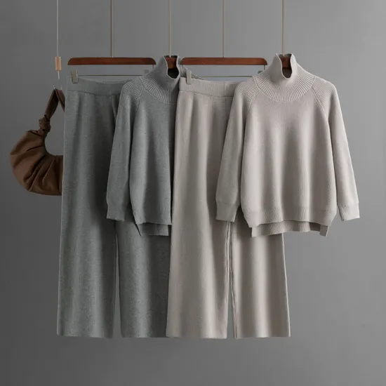 Two Piece Pants Set Casual Sweater Wide-Leg Pants Suit for Women 2022 Autumn and Winter New Fashion Knitted Set Female