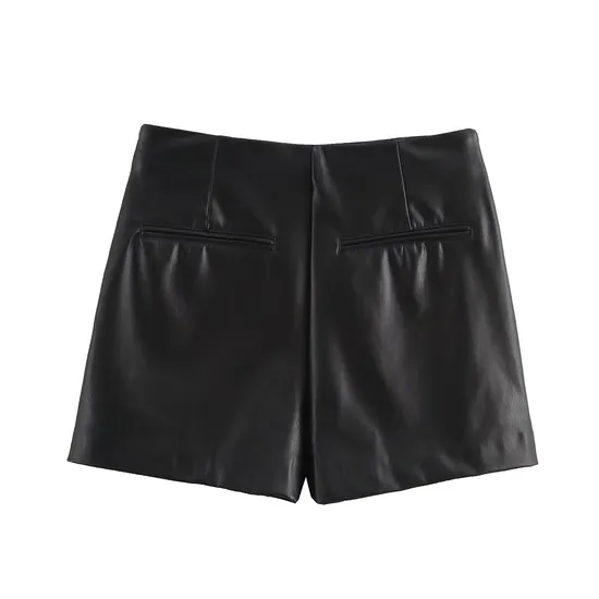 New Women′s Fashion High Waist Solid Color Imitation Leather Shorts