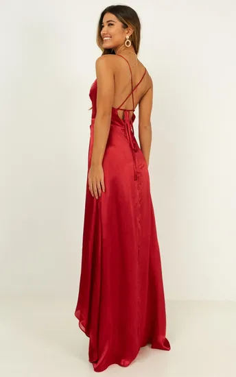 Womens V Neck Slip Dress in Red Satin