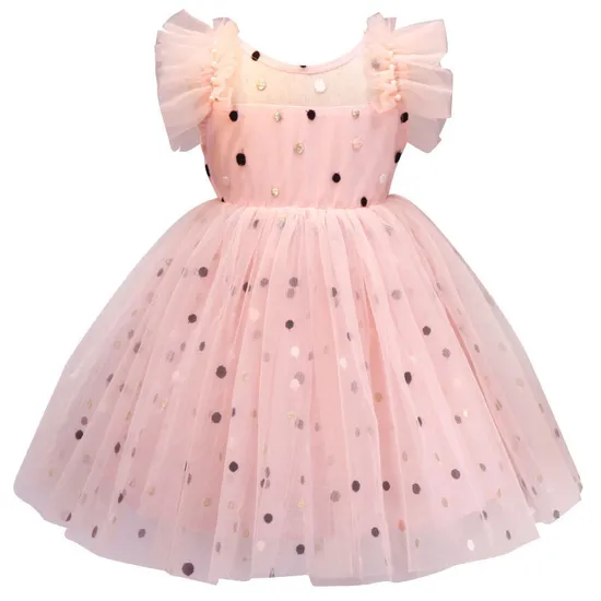 Children Girls Casual Party Dress Print with Crepe Sleeves and Cotton Tulle