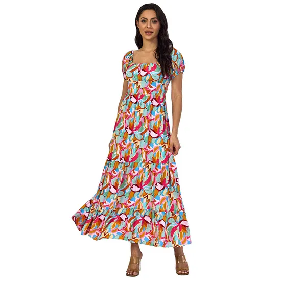 Custom Woven Wholesale Sundress Short Sleeve Chiffon Printed Casual Women Long Dresses