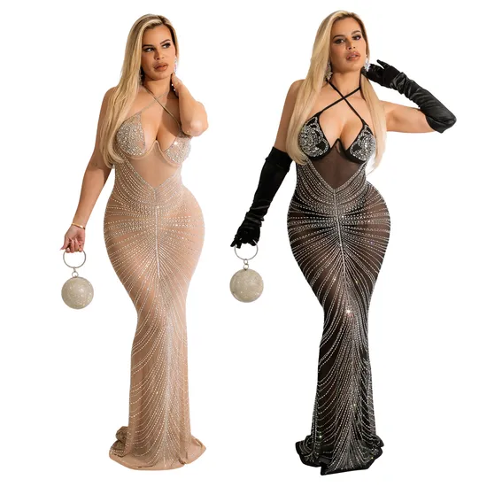 Lyf9610 Manufacturer′ S Hot Drill Deep V Sexy Tight Evening Dress Women′ S Dress