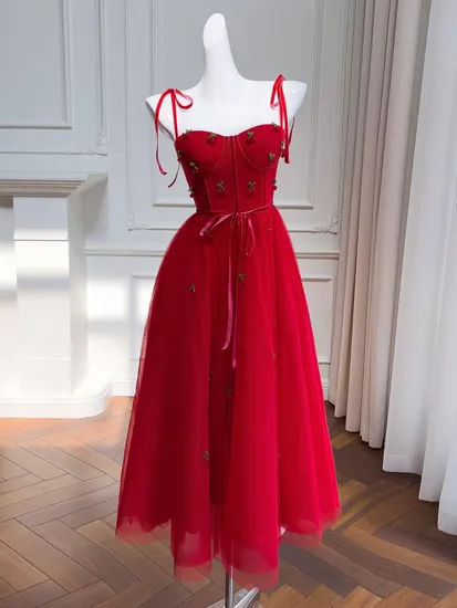 Fit Velvet Webbing Red Suspender Dress Beaded Cherry Pendant Mesh Long Dress