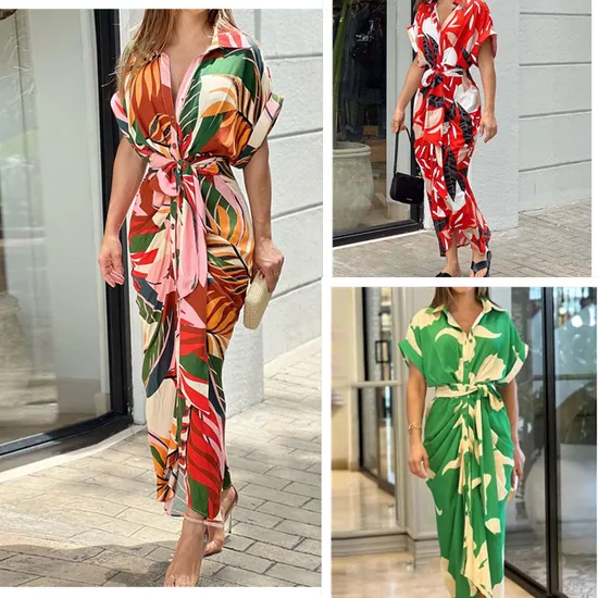 Printed Short Sleeve Women Clothes Evening Dress Lady Apparel Cardigan Irregular Fashion Dress