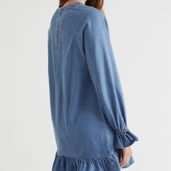 Collared Neck OEM Fashion Long Sleeves Women Dress with Ruffle Sleeve and Body Hem