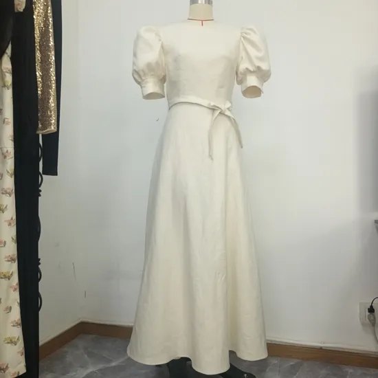 Cotton Linen Belt Puffed Sleeve Long Dress