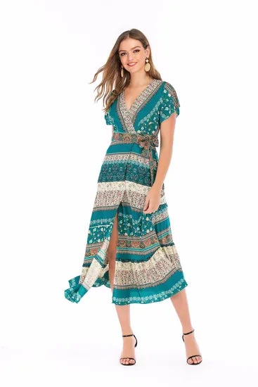 Custom Logo Summer Bohemia Classic Style Full Printed Long Beach Dress Women Dress