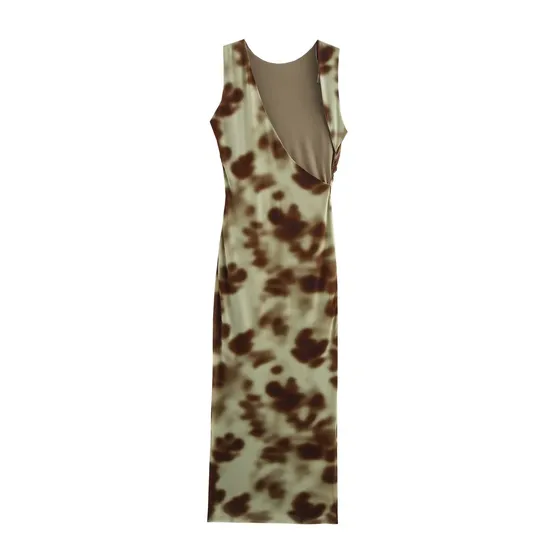 Za Women′s Clothing Slim Pleated Printed MIDI Dress Sleeveless Backless Dress