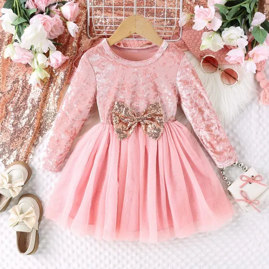 Baby Girls Velvet Dress Children Long Sleeve Pink Princess Dress