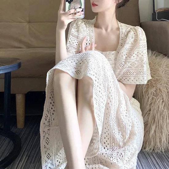 French Temperament Hollow Lace Dress Square Leading Long Skirt Girl