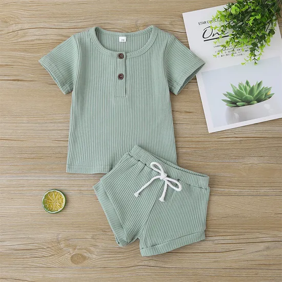 Customized Summer High Quality Cotton Polyester Top and Bottom Fashion Set Pure Color for Baby Girls Kids Children Cool Wearing Clothes