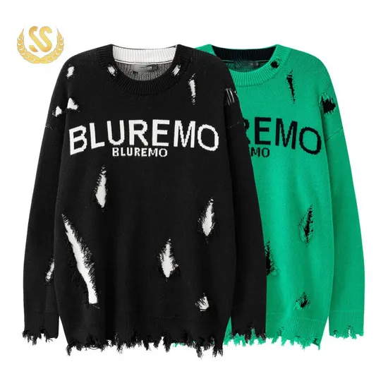 Drop Shoulder Knitted Crew Neck Distressed Sweater