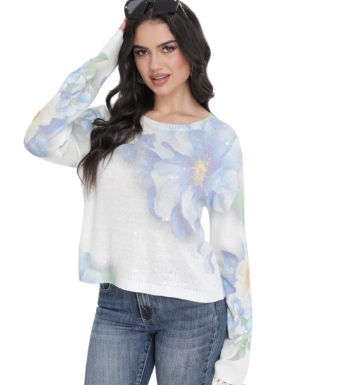 Chic Lightweight Knit Sweater with Floral Print and Sequin Design for Women
