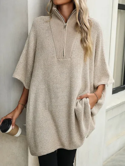 Ladies Fashion Sweater Coat with Zipper at Front Women Knitting Sweater Dress