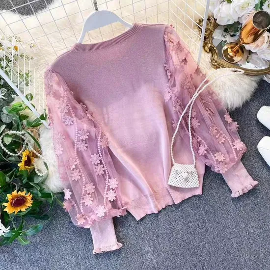 2020 New Fashion Round Neck Patchwork Lace Long-Sleeved Women Sweater of Clothing