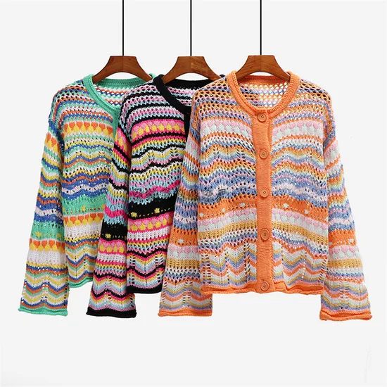 New Striped Sweater Women′s Loose Rainbow Knit Cardigan