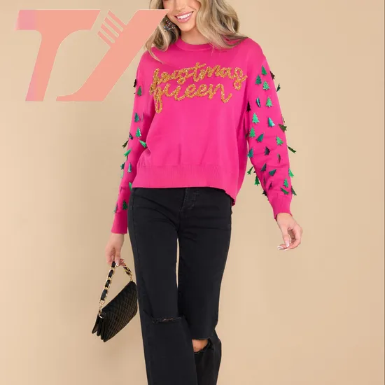 High Quality New Design Custom Soft Winter Long Sleeve Women Knitted Pullover Sweater Pink Christmas Queen Tree Sweater