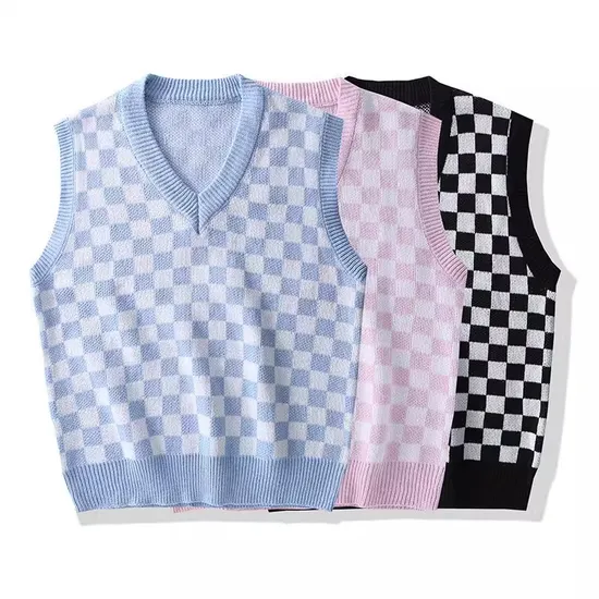 V-Neck Pull Over Plaid Sweater Vest Cardigan Vest for Spring and Autumu