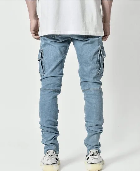 2024 Wholesale Trend Knee Hole Zipper Small Leg Stretch Jeans Pants for Men