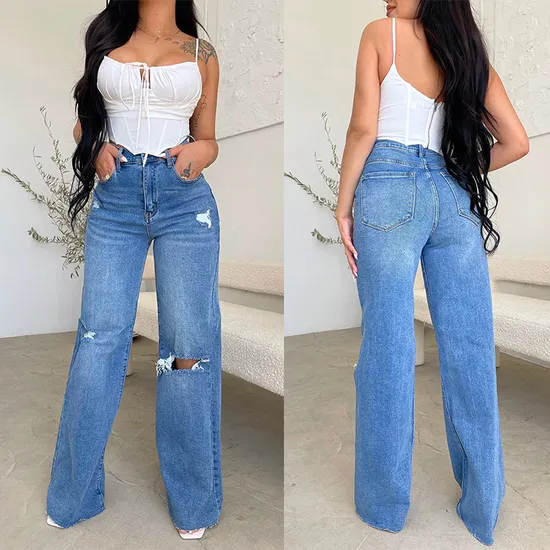 Women Denim Jeans Trousers Ladies Pants Ripped Frayed Hem Women Jeans