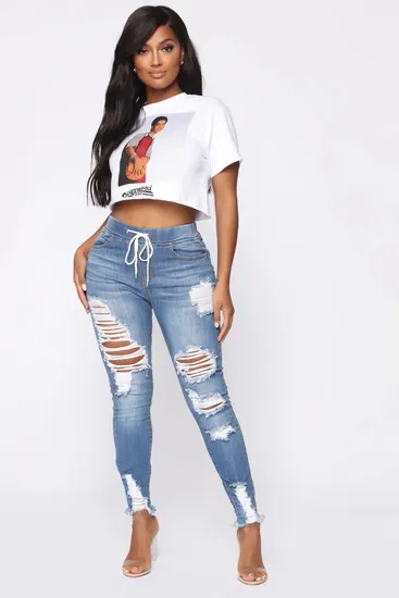 2022 New Blue Ripped Torn Hole Stretch Women Denim Women′ S Jeans